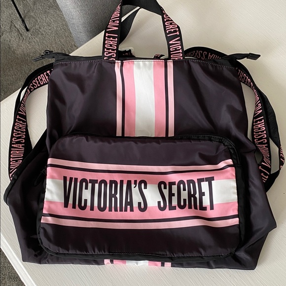 Victoria's Secret Black Pink Stripe Nylon Backpack Travel Pool Summer Beach Bag - Picture 10 of 10